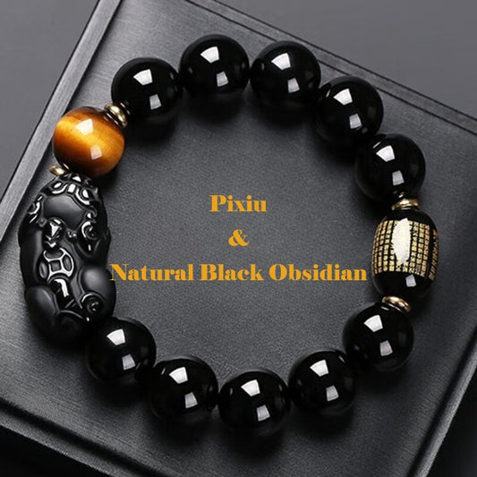 Natural Black Obsidian Pixiu Tiger’s Eye Bracelet – Protection, Wealth & Strength