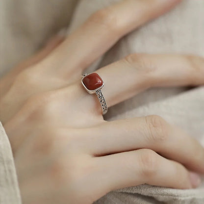 Square Red Agate Gemstone Ring – Vintage Healing Energy Ring for Women