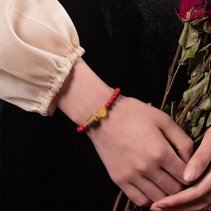 Tibetan Cinnabar & Amber Bead Agarwood Bracelet – Bright Red Imperial Cinnabar