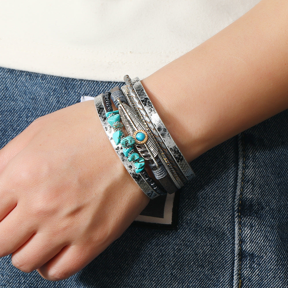 Boho Chic Turquoise Layered Leather Bracelet - Stylish & Unique