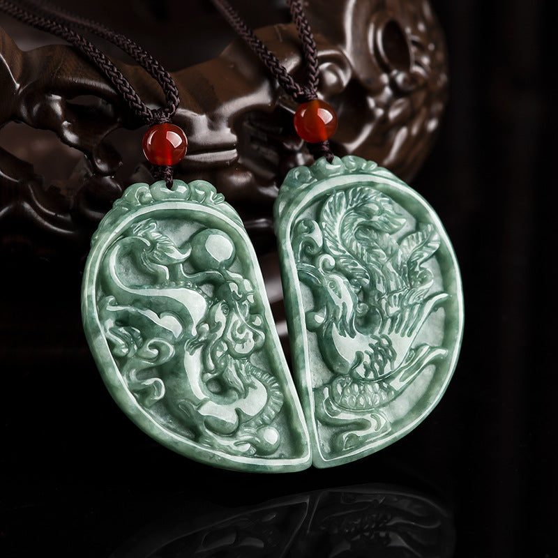 Grade A Jadeite Dragon & Phoenix Couple Necklace – Two Half Hearts Forming One