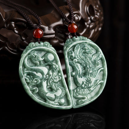 Grade A Jadeite Dragon & Phoenix Couple Necklace – Two Half Hearts Forming One