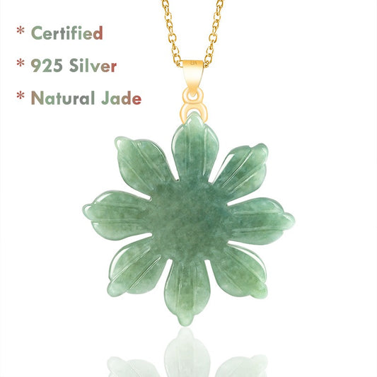 Certified Grade A Sunflower Jadeite Jade Pendant Necklace – Natural Jade with 925 Silver Chain