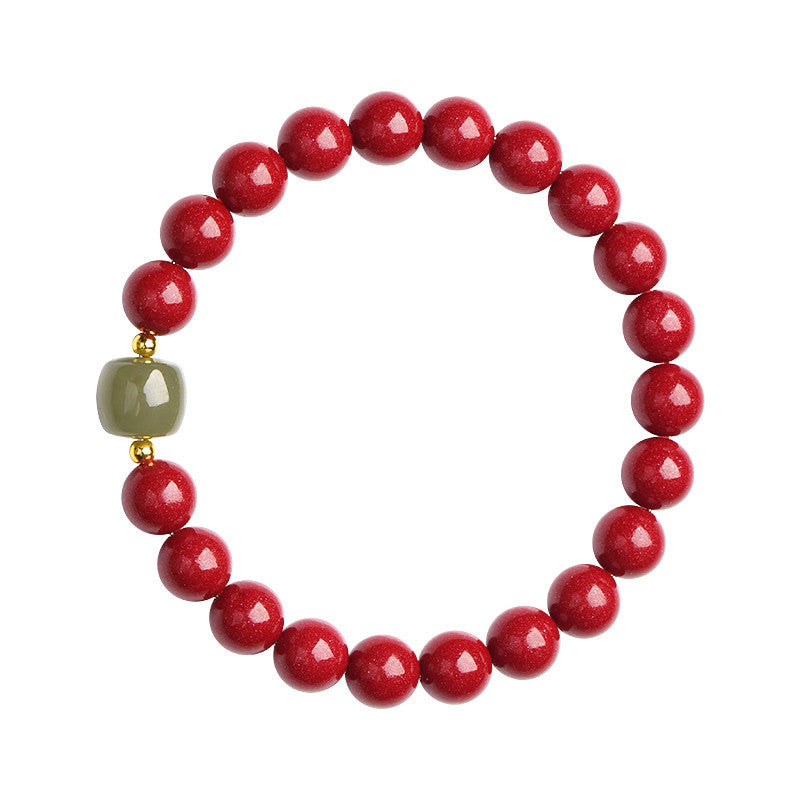 90 Cinnabar Beads with Green Hetian Jade Bracelet – Harmony & Vitality