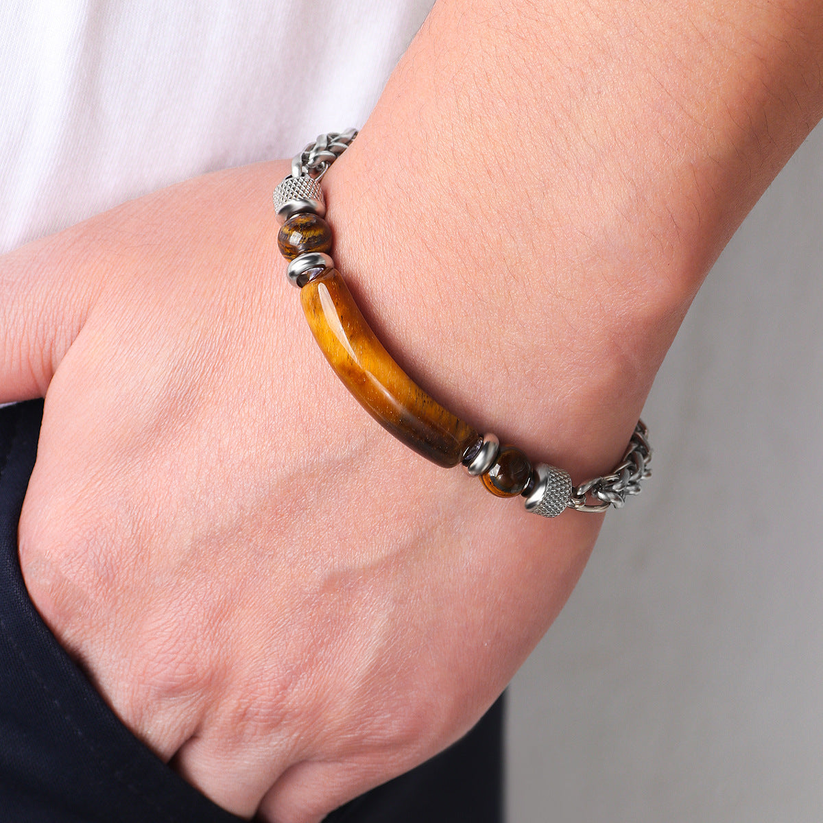 Titanium Tiger’s Eye Bracelet – Natural Stone Men’s Protection Jewelry