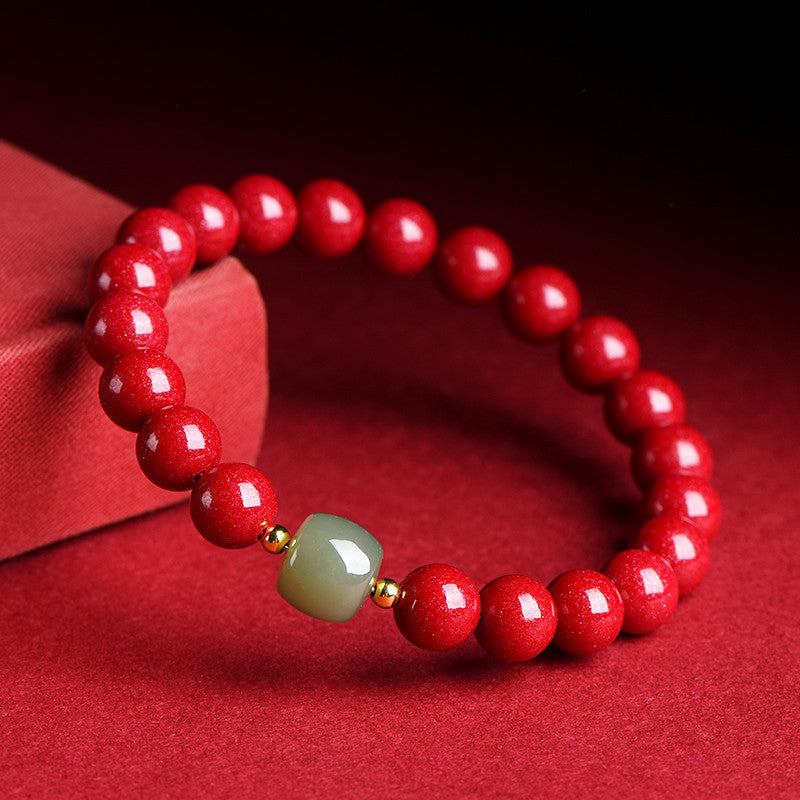 90 Cinnabar Beads with Green Hetian Jade Bracelet – Harmony & Vitality