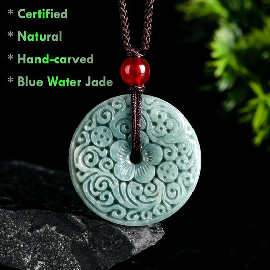 Certified Natural Blue Water Jade Pendant Necklace – Hand-Carved Vintage Design | Authentic Jadeite Jewelry