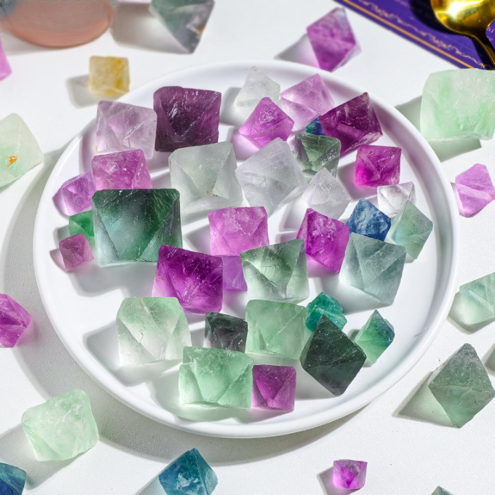 Natural Rainbow Fluorite Octahedron Crystals – Raw Healing Stones for Energy Cleansing & Décor
