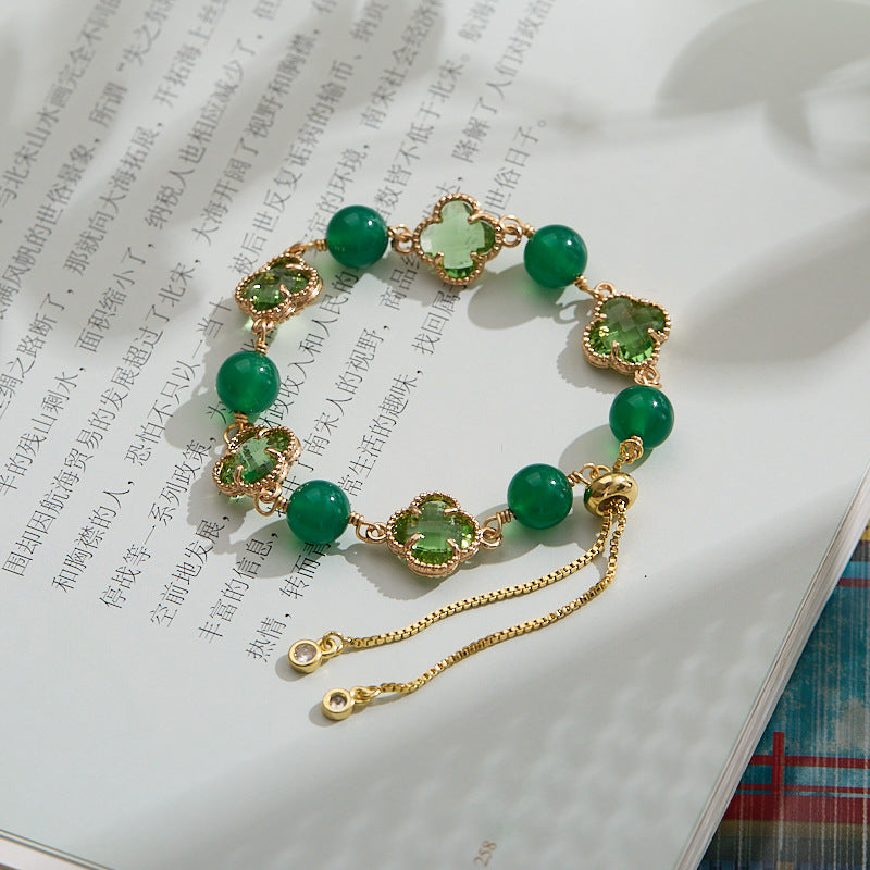 natural green agate gemstone bracelet with clover charm gift for her