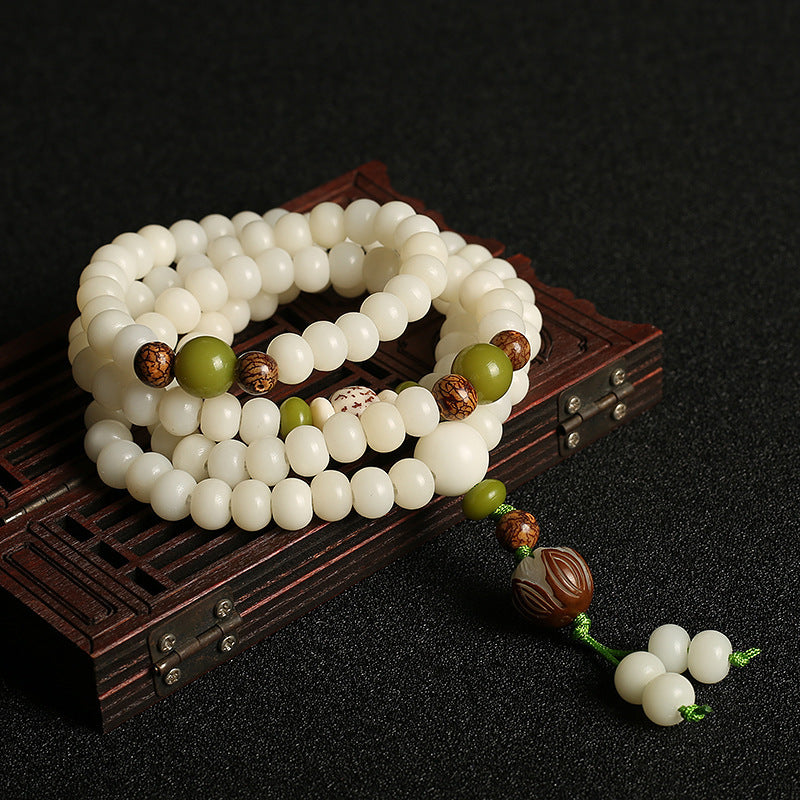 Natural White Bodhi Seed Mala Bracelet - 108 Beads of Wisdom & Luck