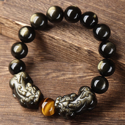 Natural Gold Obsidian Pixiu Wealth Bracelet – Protection & Abundance Energy