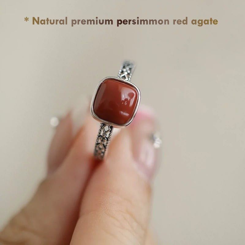 Elegant Red Agate Silver Ring – Persimmon Red Gemstone Jewelry Gift