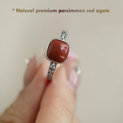Elegant Red Agate Silver Ring – Persimmon Red Gemstone Jewelry Gift