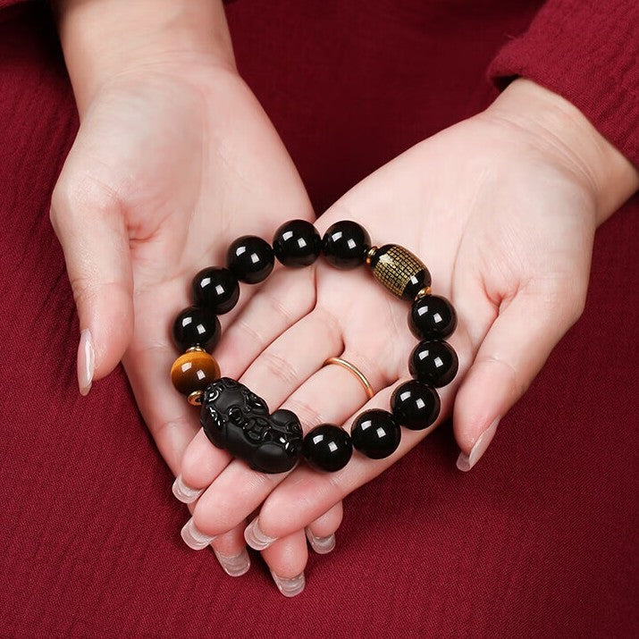 Natural Black Obsidian Pixiu Tiger’s Eye Bracelet – Protection, Wealth & Strength