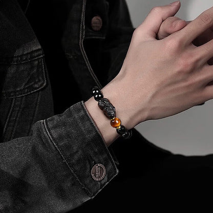 Natural Black Obsidian Pixiu Tiger’s Eye Bracelet – Protection, Wealth & Strength