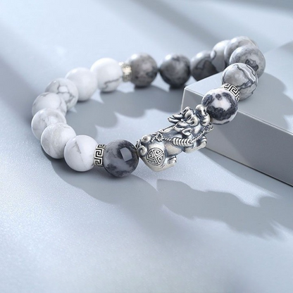 Yin Yang Pixiu Bracelet – Natural White & Grey Turquoise for Balance & Wealth