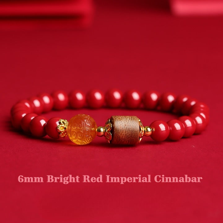 Tibetan Cinnabar & Amber Bead Agarwood Bracelet – Bright Red Imperial Cinnabar