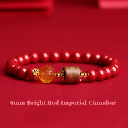 Tibetan Cinnabar & Amber Bead Agarwood Bracelet – Bright Red Imperial Cinnabar