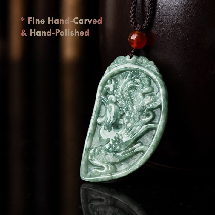 Natural Green Jade Heart Pendants – Dragon and Phoenix Carving Detail