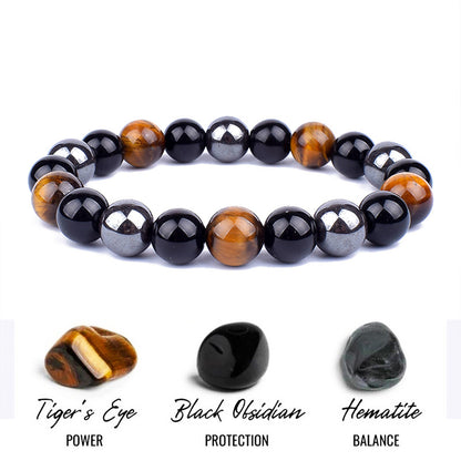 Handmade Triple Protection Bracelet: Tiger's Eye, Black Obsidian, and Hematite - Shield & Grounding