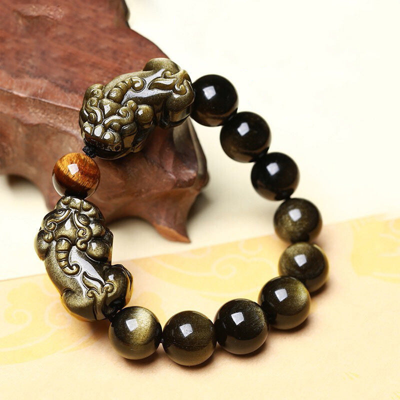 Natural Gold Obsidian Pixiu Wealth Bracelet – Protection & Abundance Energy