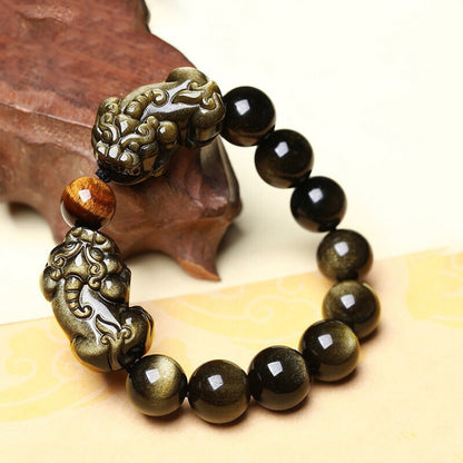 Natural Gold Obsidian Pixiu Wealth Bracelet – Protection & Abundance Energy