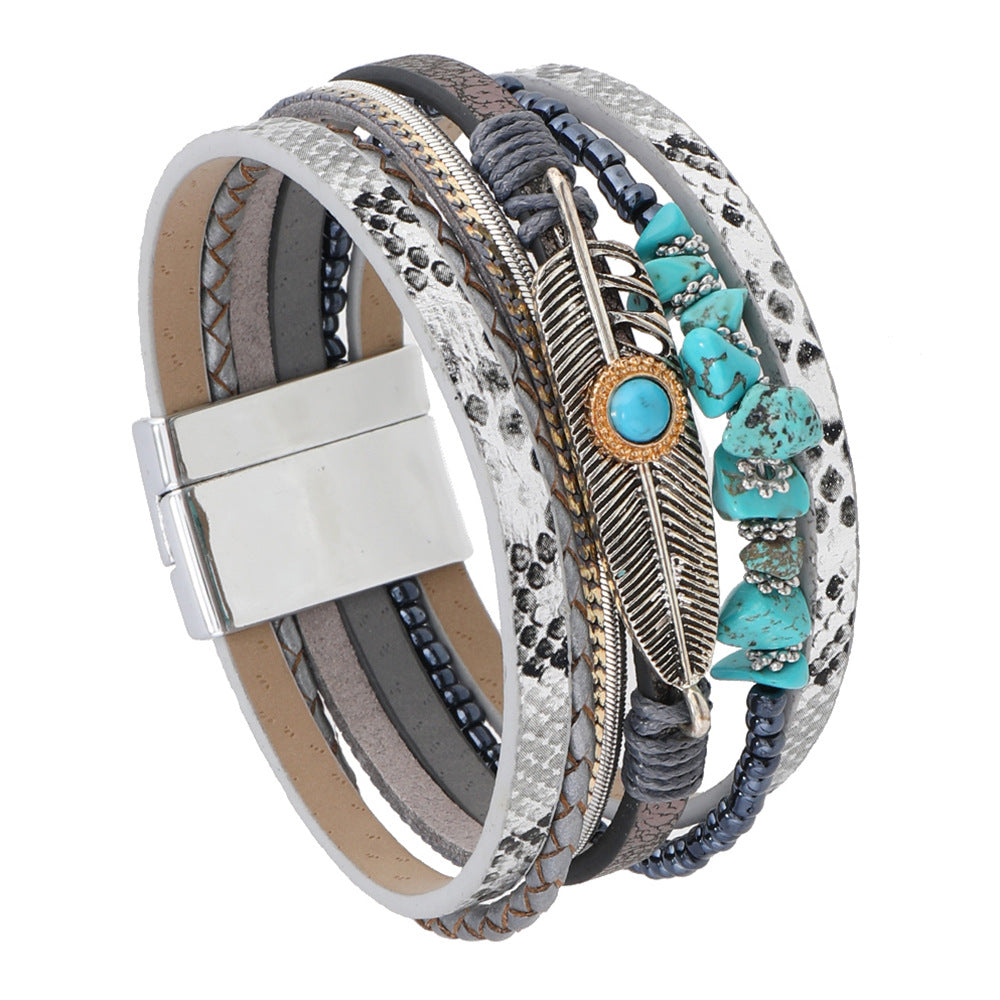 Boho Chic Turquoise Layered Leather Bracelet - Stylish & Unique