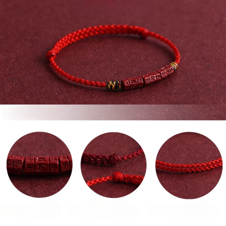Mani Mantra Cinnabar Red String Bracelet – Wealth, Protection & Good Luck