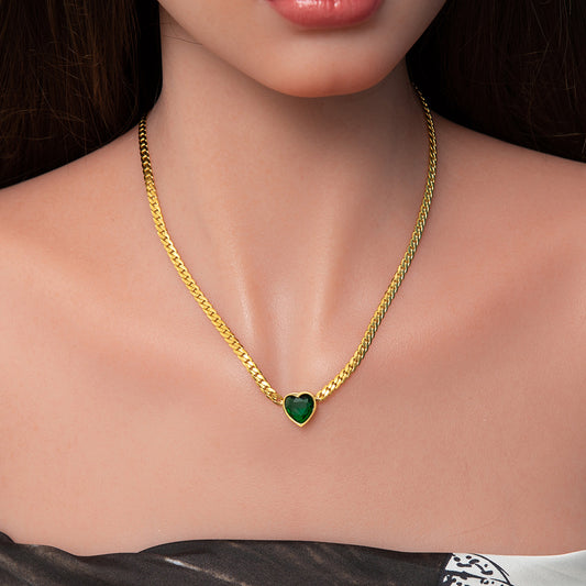 Green Zircon Necklace - 18K Titanium Heart Necklace for Timeless Elegance