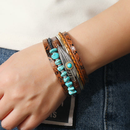 Boho Chic Turquoise Layered Leather Bracelet - Stylish & Unique