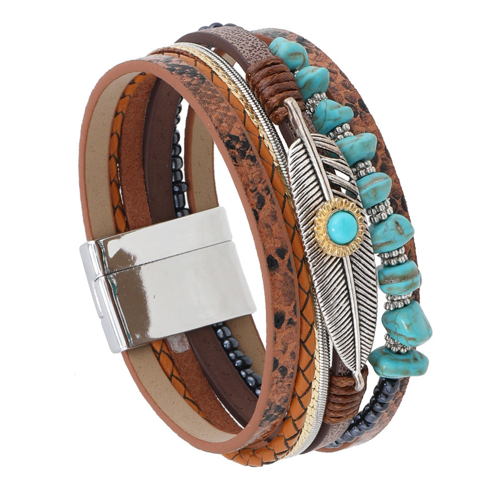 Boho Chic Turquoise Layered Leather Bracelet - Stylish & Unique