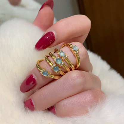 Natural Guatemala Blue Water Jadeite Jade Ring – Gold-Plated 925 Silver, Unique Round Bead