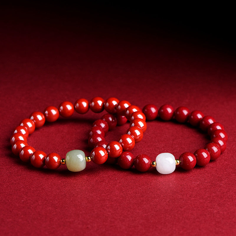 90 Cinnabar Beads with Green Hetian Jade Bracelet – Harmony & Vitality