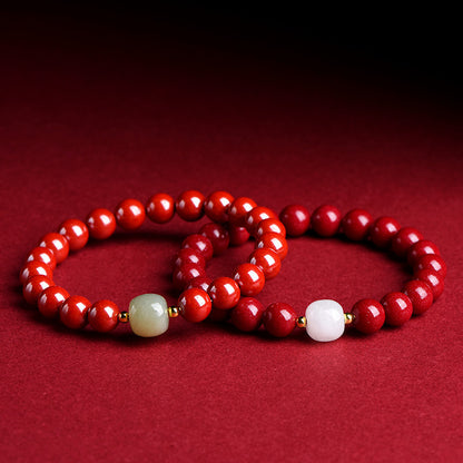 90 Cinnabar Beads with Green Hetian Jade Bracelet – Harmony & Vitality