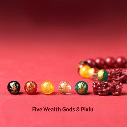 Cinnabar Pixiu Feng Shui Bracelet – Five Wealth Gods, 90% High Content Beads, Abundance & Protection