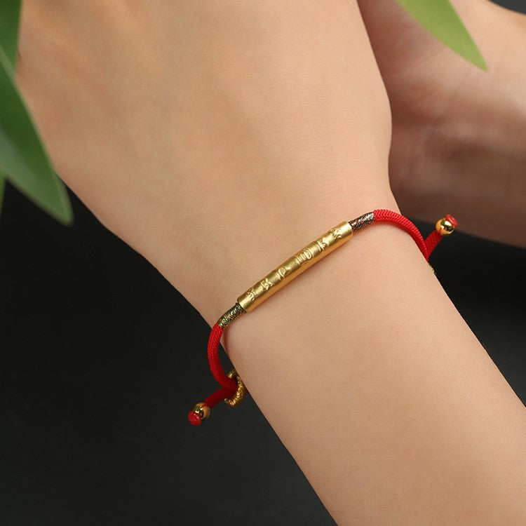24K Gold-Plated Tibetan Red String Bracelet with 999 Silver Mantra Charm – handmade spiritual jewelry