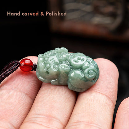 Hand-Carved Green Jade Pixiu Necklace for Wealth and Protection