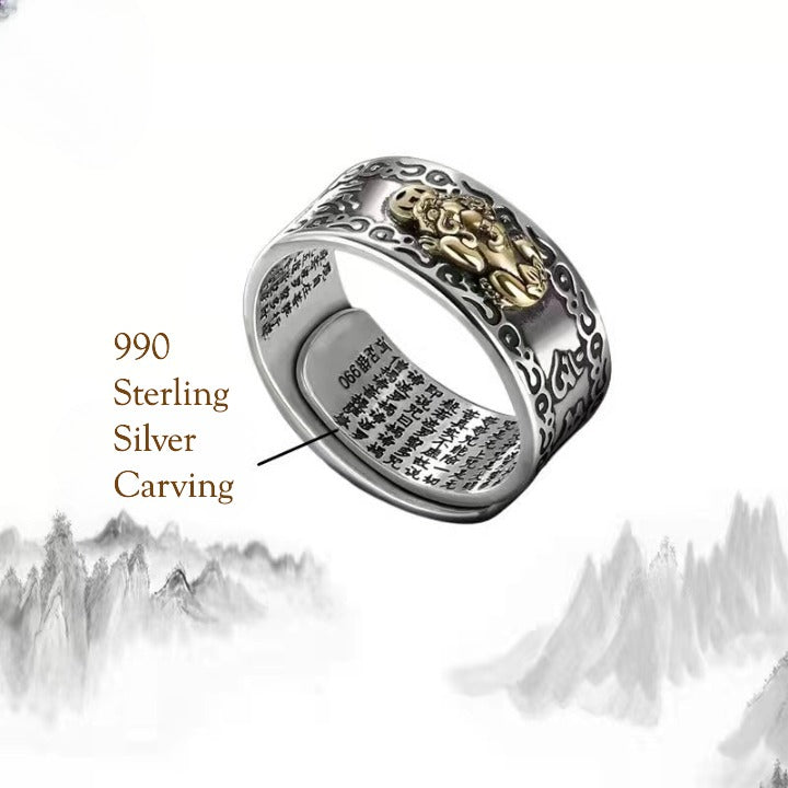 Real 99 Sterling Silver Pixiu Feng Shui Ring – Wealth, Luck & Protection | Heart Sutra Engraved