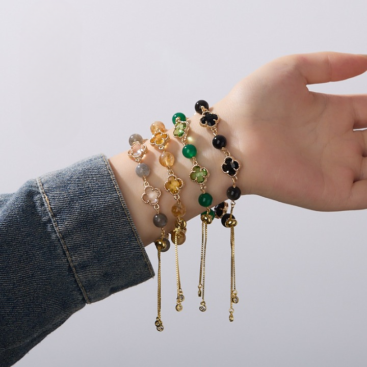 “natural green agate gemstone bracelet with clover charm gift for her”