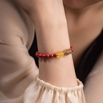 Tibetan Cinnabar & Amber Bead Agarwood Bracelet – Bright Red Imperial Cinnabar
