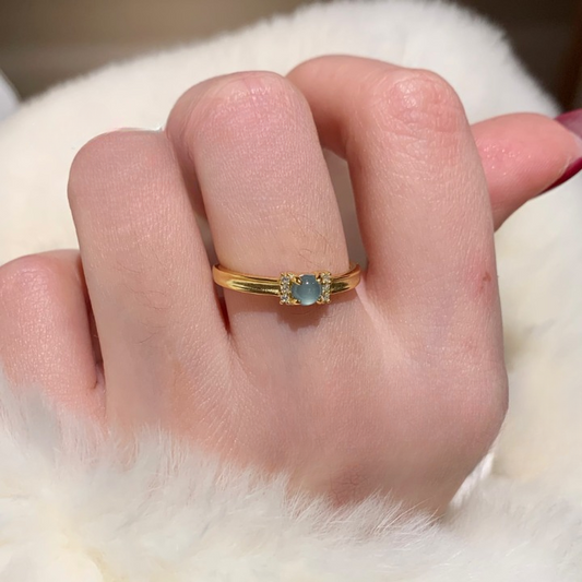 Natural Guatemala Blue Water Jadeite Jade Ring – Gold-Plated 925 Silver, Unique Round Bead