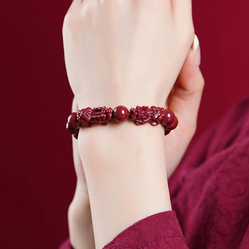 Double Pixiu red cinnabar bracelet close-up