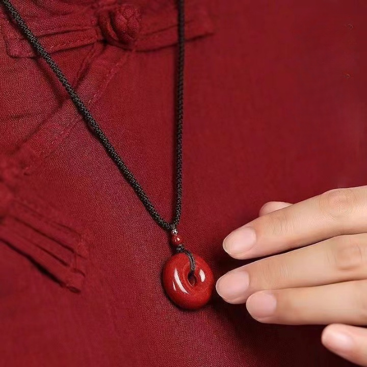 High-Content Red Cinnabar Donut Pendant Necklace – Shimmering Round Amulet Jewelry