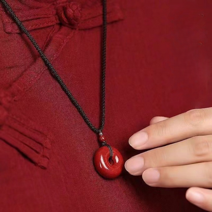 High-Content Red Cinnabar Donut Pendant Necklace – Shimmering Round Amulet Jewelry