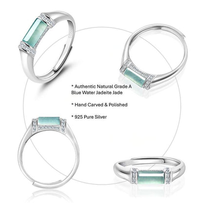 Natural Certified Grade A Blue Water Jadeite Jade Ring – 925 Silver Adjustable