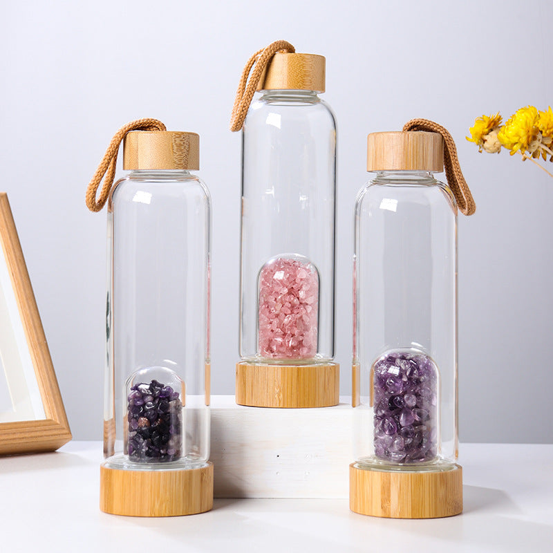 Crystal Infusion Removable Base Energy Health Bottle High Borosilicate Glass With Bamboo Lid