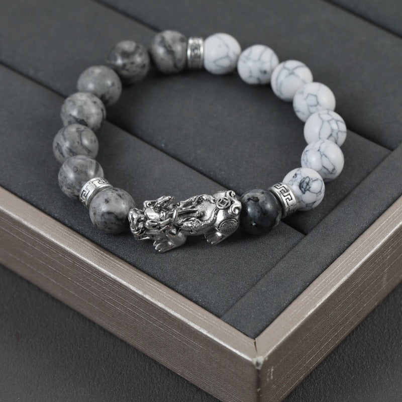 Yin Yang Pixiu Bracelet – Natural White & Grey Turquoise for Balance & Wealth