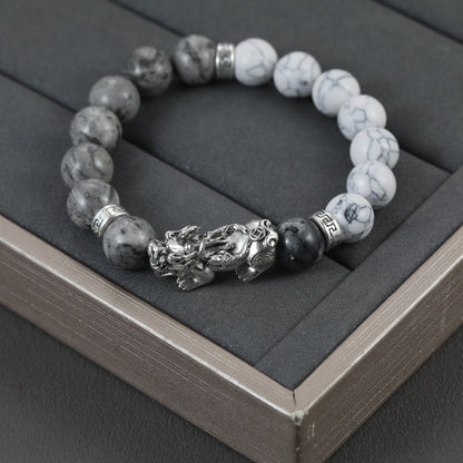 Yin Yang Pixiu Bracelet – Natural White & Grey Turquoise for Balance & Wealth