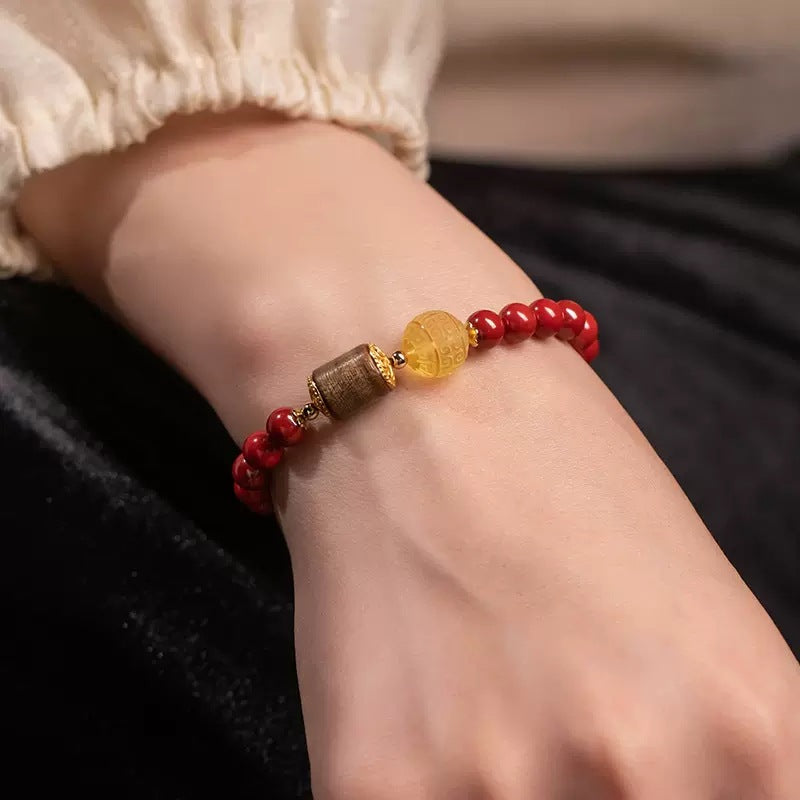 Tibetan Cinnabar & Amber Bead Agarwood Bracelet – Bright Red Imperial Cinnabar