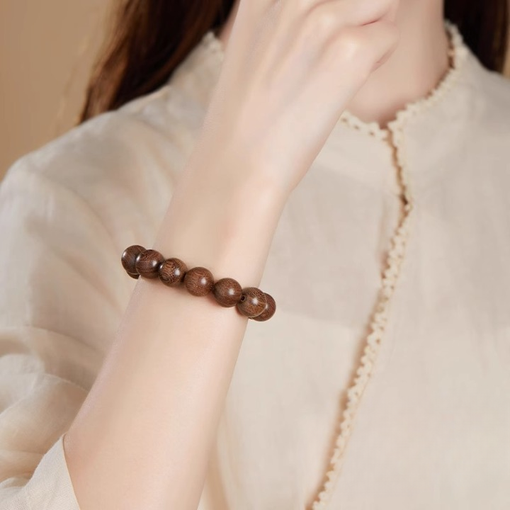 Natural Golden Sandalwood Bead Bracelet – Authentic Wooden Mala